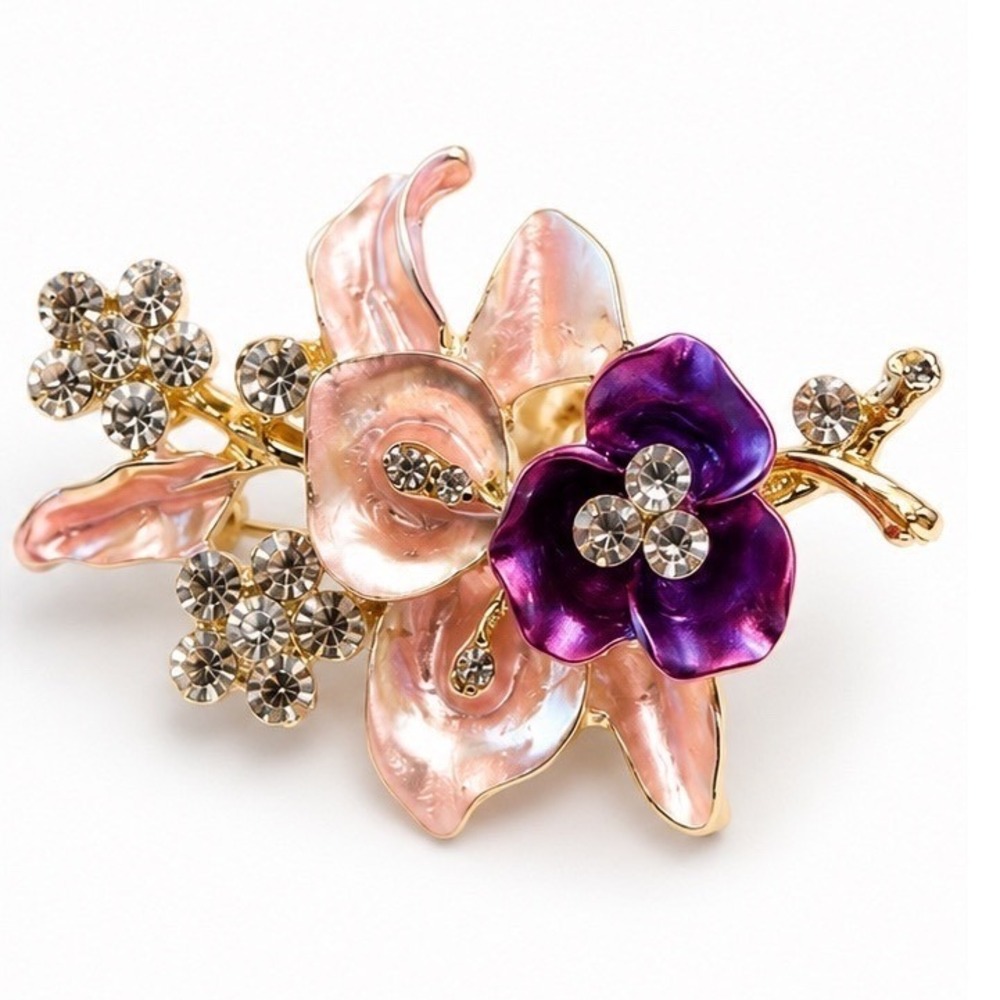 Enamel Flower Brooch Rhinestone Gold Tone Intricate Detailing  Floral Pin